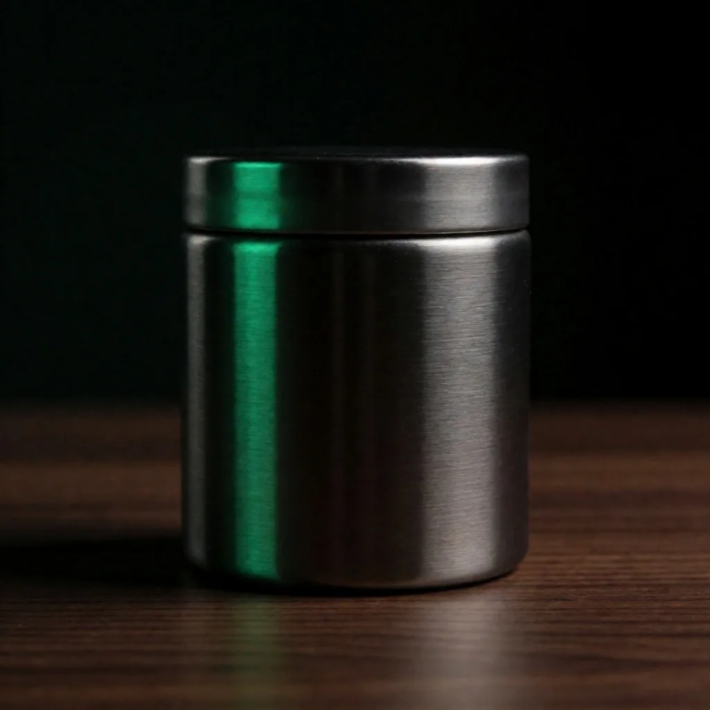 Brushed metal supplement canister on walnut desk