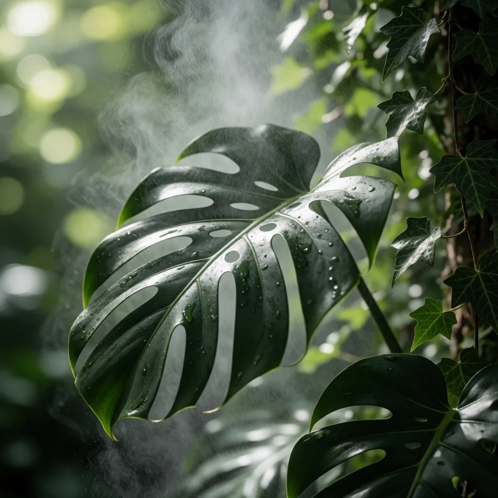 Dark emerald leaves with water droplets