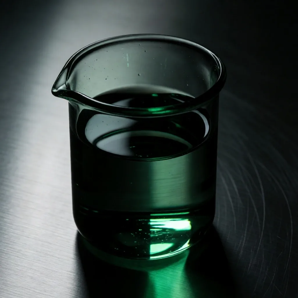 Laboratory glassware with green glint