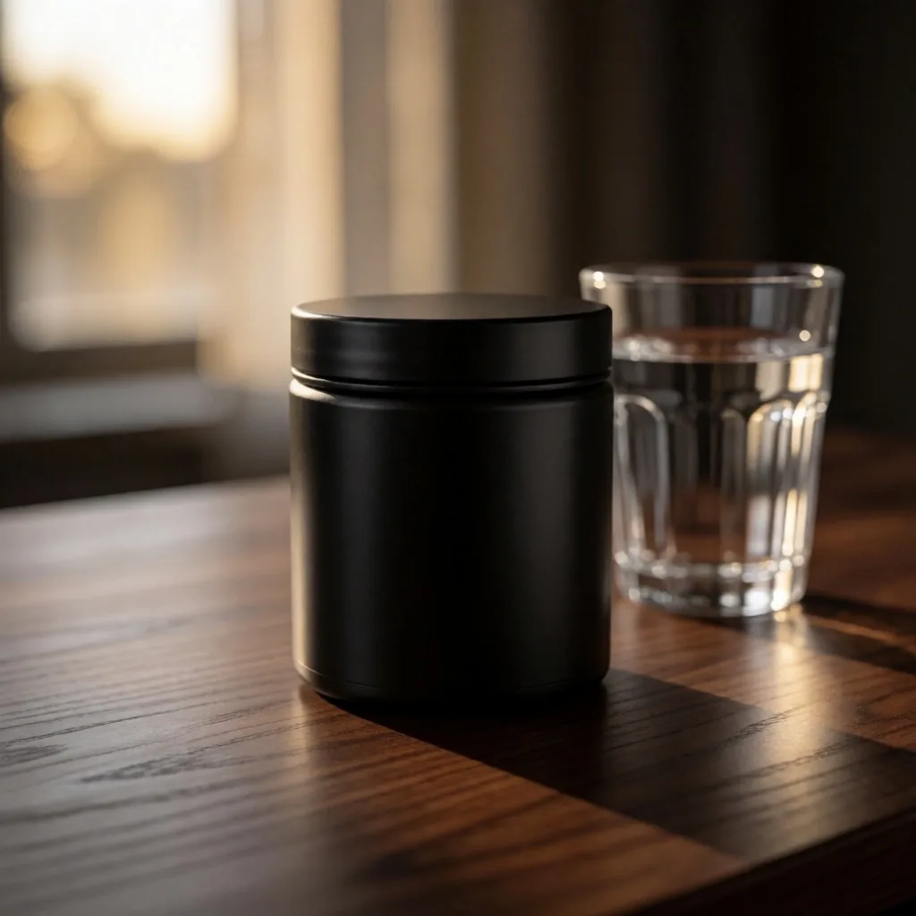 Daily multivitamin canister with water on a dark desk
