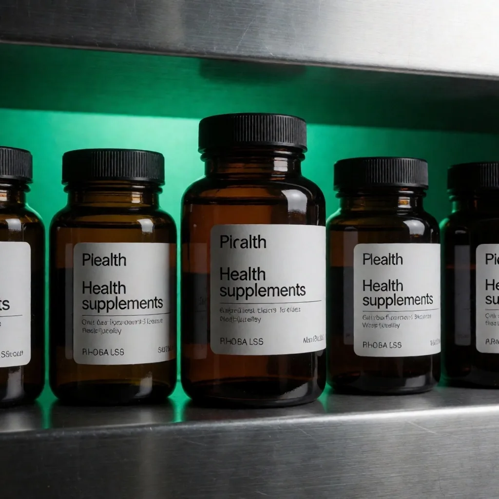 Bioavailable supplement bottles on metal shelf