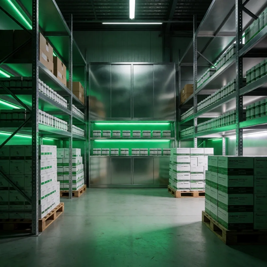 NutriPeak fulfillment area with shelving and emerald lighting