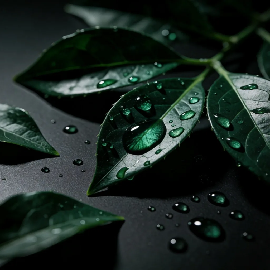 Dark green botanical leaves on metal surface