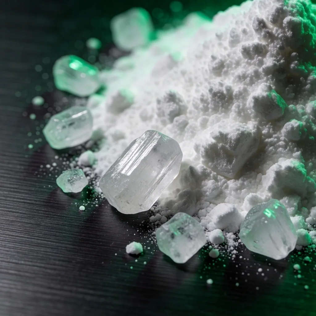 Magnesium citrate mineral crystals photographed in low light