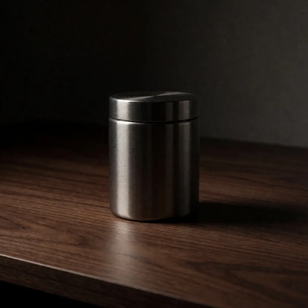 Magnesium citrate canister on dark desk